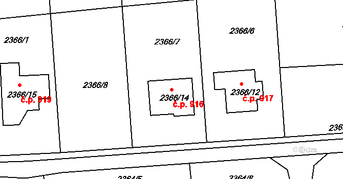 Bludov 916 na parcele st. 2366/14 v KÚ Bludov, Katastrální mapa