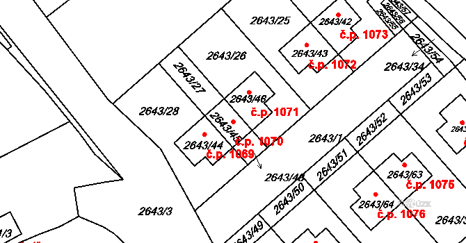 Valtice 1070 na parcele st. 2643/45 v KÚ Valtice, Katastrální mapa