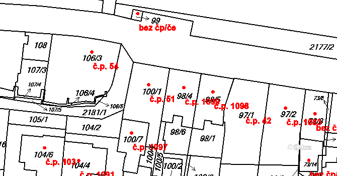 Střešovice 1099, Praha na parcele st. 98/4 v KÚ Střešovice, Katastrální mapa