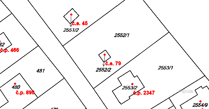 Roztoky 79 na parcele st. 2552/2 v KÚ Roztoky u Prahy, Katastrální mapa