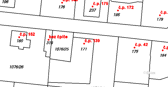 Prčice 139, Sedlec-Prčice na parcele st. 171 v KÚ Prčice, Katastrální mapa