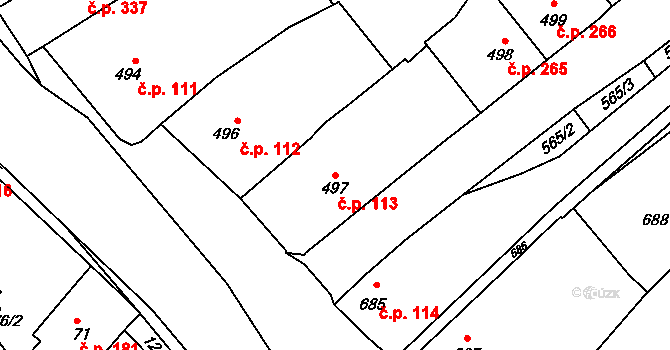 Měřín 113 na parcele st. 497 v KÚ Měřín, Katastrální mapa