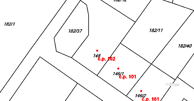 Mysločovice 102 na parcele st. 148 v KÚ Mysločovice, Katastrální mapa