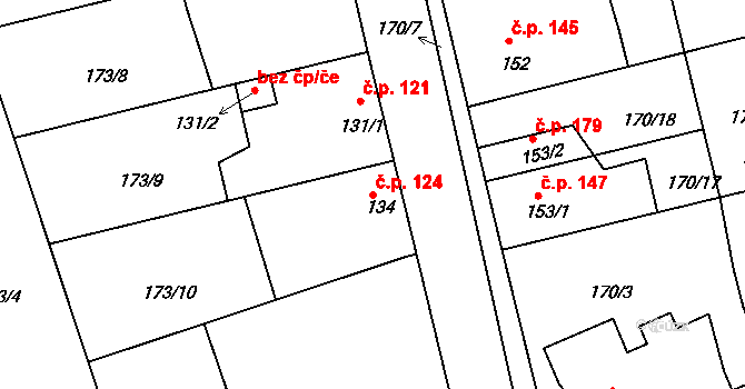 Tachlovice 124 na parcele st. 134 v KÚ Tachlovice, Katastrální mapa