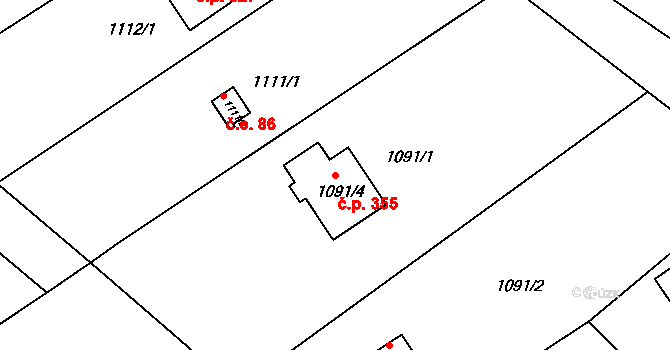 Olomučany 355 na parcele st. 1091/4 v KÚ Olomučany, Katastrální mapa