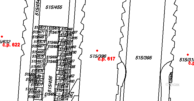 Střížkov 617, Praha na parcele st. 515/396 v KÚ Střížkov, Katastrální mapa