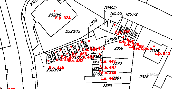 Hustopeče 455 na parcele st. 2367 v KÚ Hustopeče u Brna, Katastrální mapa