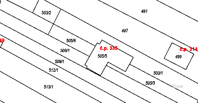 Omice 335 na parcele st. 505/5 v KÚ Omice, Katastrální mapa