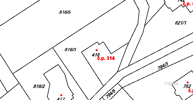Nebory 314, Třinec na parcele st. 418 v KÚ Nebory, Katastrální mapa