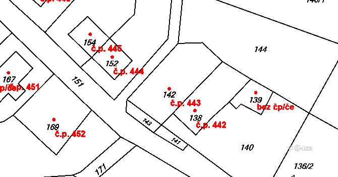 Moravský Beroun 443 na parcele st. 142 v KÚ Moravský Beroun, Katastrální mapa