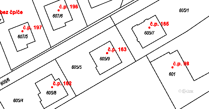 Žabeň 163 na parcele st. 605/9 v KÚ Žabeň, Katastrální mapa