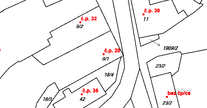 Milevo 20, Kladruby na parcele st. 9/1 v KÚ Milevo, Katastrální mapa