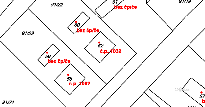 Kozlov 1032 na parcele st. 62 v KÚ Kozlov u Velkého Újezdu, Katastrální mapa