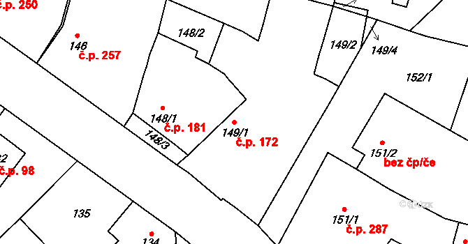Milovice 172 na parcele st. 149/1 v KÚ Milovice nad Labem, Katastrální mapa