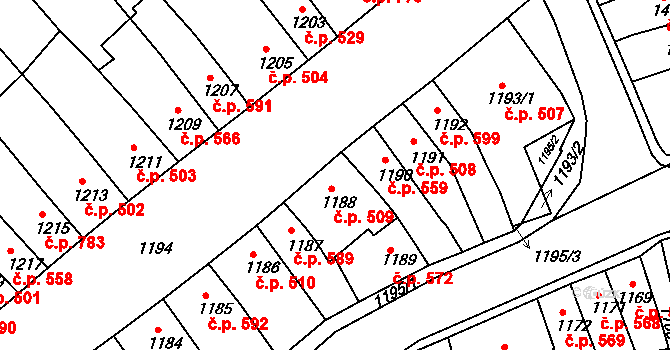 Chrlice 509, Brno na parcele st. 1188 v KÚ Chrlice, Katastrální mapa