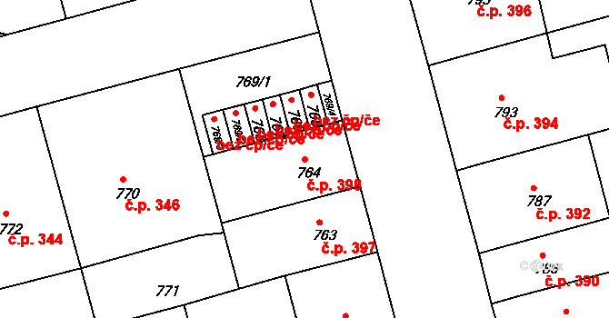 Ponava 398, Brno na parcele st. 764 v KÚ Ponava, Katastrální mapa