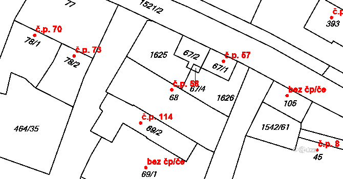 Cetoraz 58 na parcele st. 68 v KÚ Cetoraz, Katastrální mapa