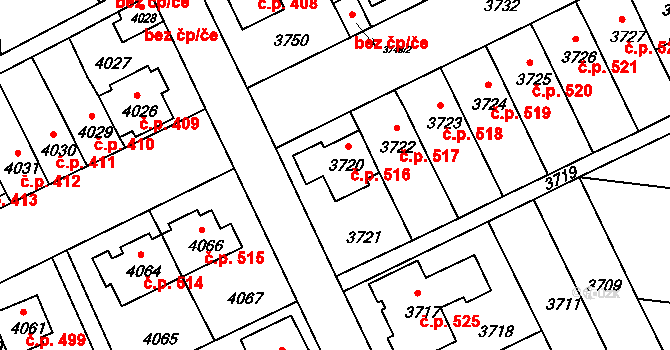 Záběhlice 516, Praha na parcele st. 3720 v KÚ Záběhlice, Katastrální mapa