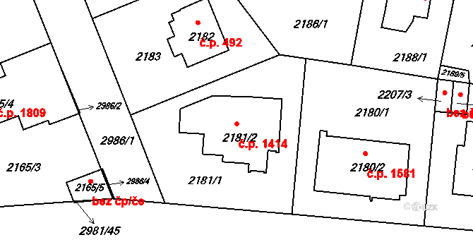 Braník 1414, Praha na parcele st. 2181/2 v KÚ Braník, Katastrální mapa
