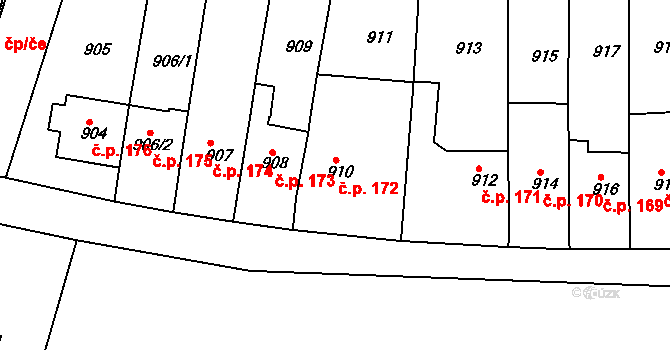Řepy 172, Praha na parcele st. 910 v KÚ Řepy, Katastrální mapa