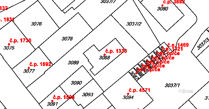 Chomutov 1333 na parcele st. 3088 v KÚ Chomutov I, Katastrální mapa