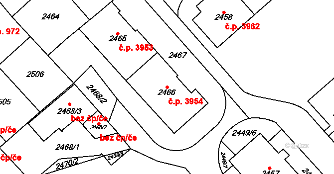 Chomutov 3954 na parcele st. 2466 v KÚ Chomutov I, Katastrální mapa