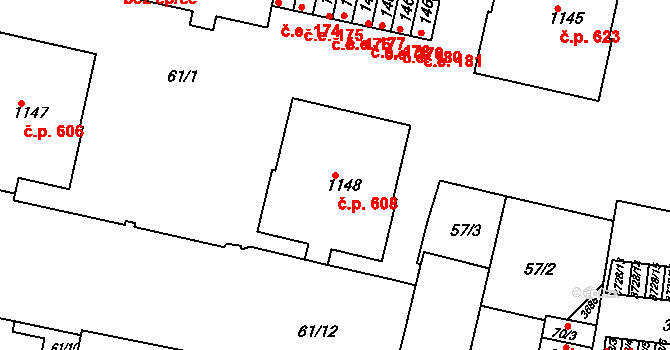Rosice 608 na parcele st. 1148 v KÚ Rosice u Brna, Katastrální mapa