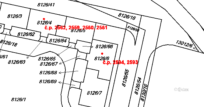 Jižní Předměstí 2593,2594, Plzeň na parcele st. 8126/7 v KÚ Plzeň, Katastrální mapa
