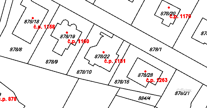 Suchdol 1181, Praha na parcele st. 878/22 v KÚ Suchdol, Katastrální mapa