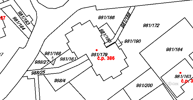 Chlumec 386 na parcele st. 981/179 v KÚ Chlumec u Chabařovic, Katastrální mapa