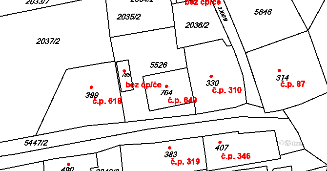 Jalubí 649 na parcele st. 764 v KÚ Jalubí, Katastrální mapa