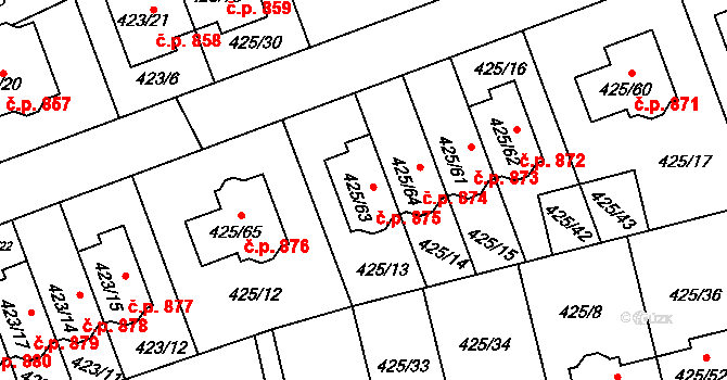 Libuš 875, Praha na parcele st. 425/63 v KÚ Libuš, Katastrální mapa
