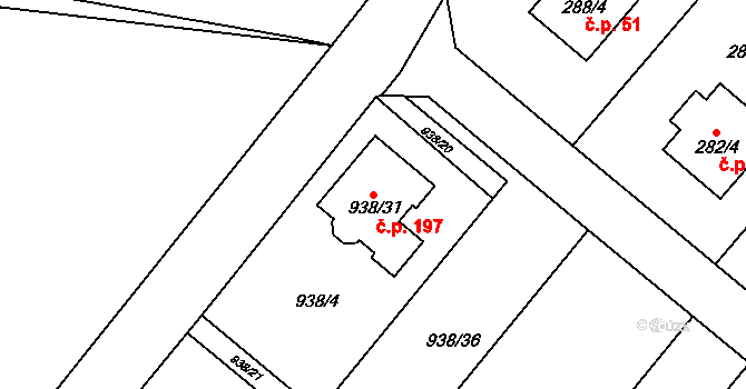 Osvračín 197 na parcele st. 938/31 v KÚ Osvračín, Katastrální mapa