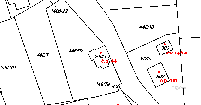 Hybrálec 44 na parcele st. 248/1 v KÚ Hybrálec, Katastrální mapa
