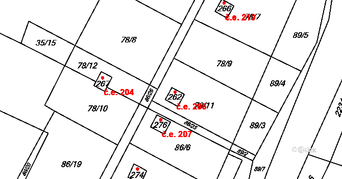 Komařice 205 na parcele st. 262 v KÚ Komařice, Katastrální mapa