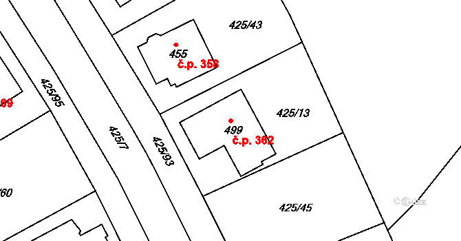 Týn 362, Třebíč na parcele st. 499 v KÚ Týn u Třebíče, Katastrální mapa