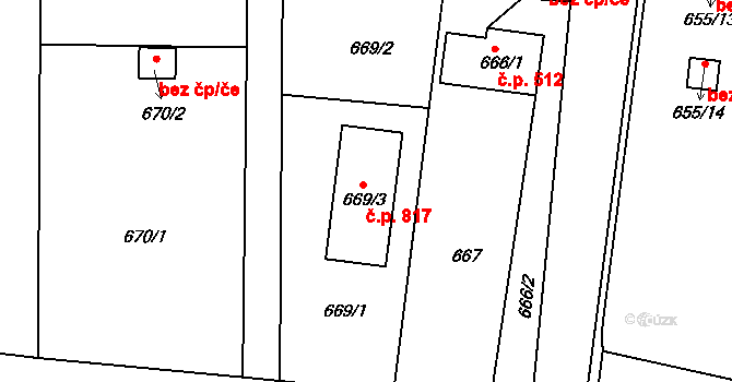 Vinoř 817, Praha na parcele st. 669/3 v KÚ Vinoř, Katastrální mapa