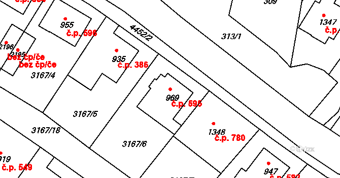 Valašské Klobouky 595 na parcele st. 969 v KÚ Valašské Klobouky, Katastrální mapa
