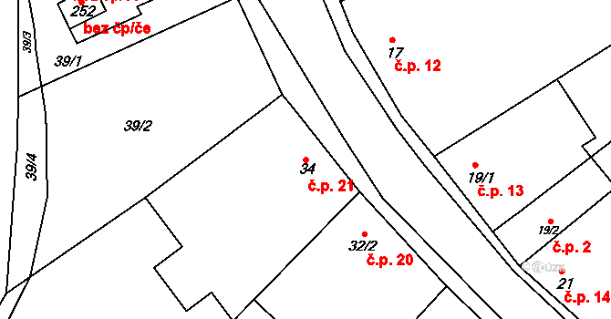 Milonice 21 na parcele st. 34 v KÚ Milonice, Katastrální mapa