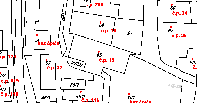Hroubovice 19 na parcele st. 65 v KÚ Hroubovice, Katastrální mapa