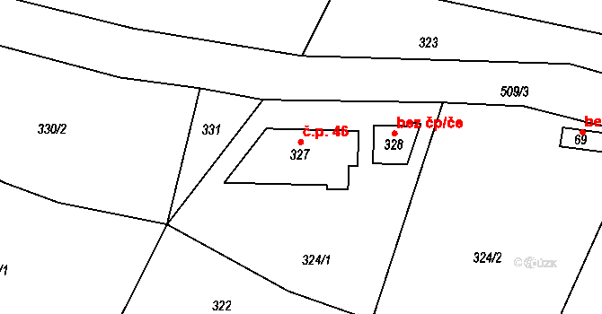 Řípov 46, Třebíč na parcele st. 327 v KÚ Řípov, Katastrální mapa