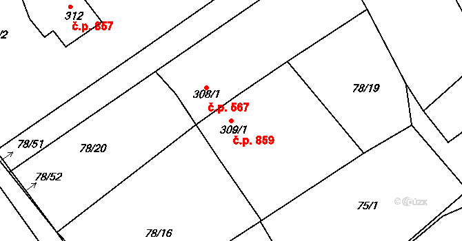 Rudná 859 na parcele st. 309/1 v KÚ Hořelice, Katastrální mapa
