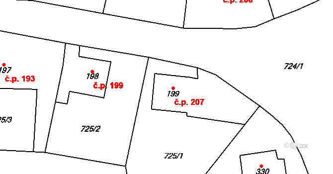 Ledce 207 na parcele st. 199 v KÚ Ledce u Plzně, Katastrální mapa