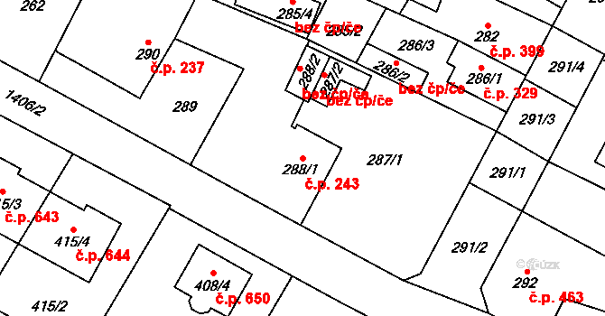 Tlučná 243 na parcele st. 288/1 v KÚ Tlučná, Katastrální mapa