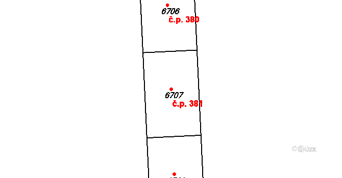 Polabiny 381, Pardubice na parcele st. 6707 v KÚ Pardubice, Katastrální mapa