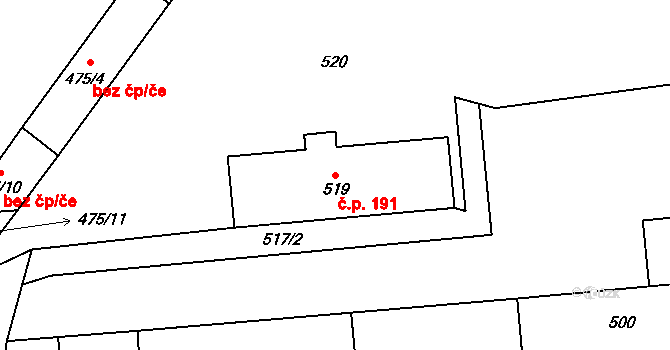 Postřelmov 191 na parcele st. 519 v KÚ Postřelmov, Katastrální mapa