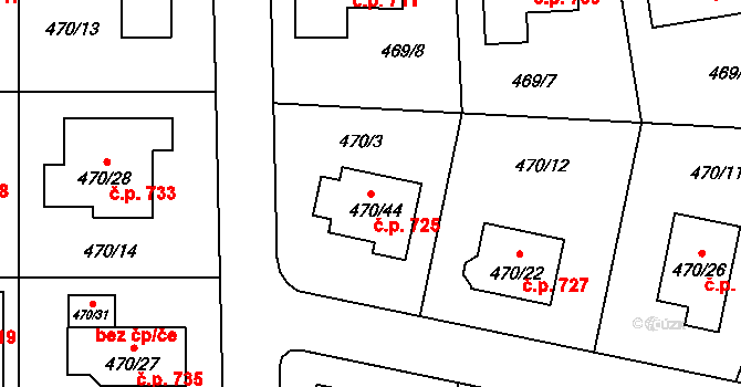 Srubec 725 na parcele st. 470/44 v KÚ Srubec, Katastrální mapa