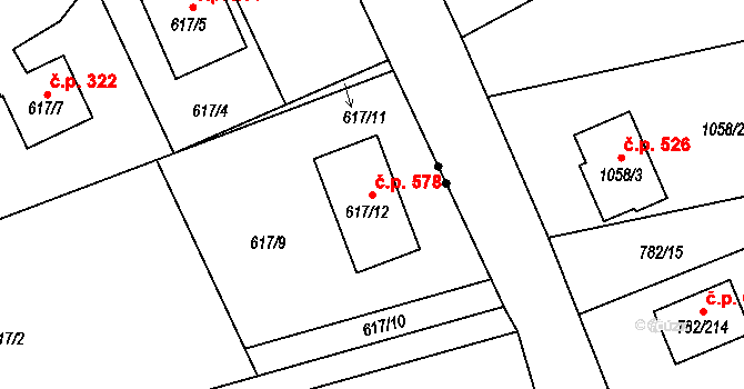 Liberec XIX-Horní Hanychov 578, Liberec na parcele st. 617/12 v KÚ Horní Hanychov, Katastrální mapa