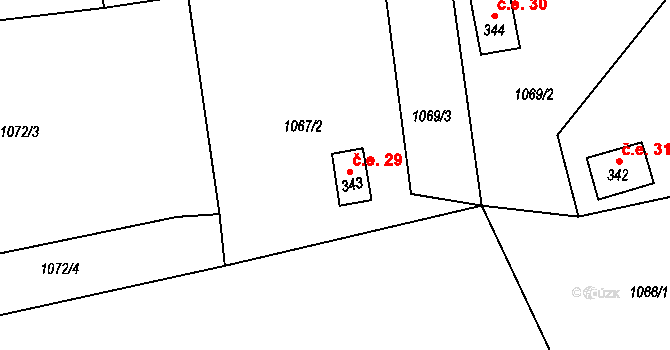 Souvrať 29, Mostek na parcele st. 343 v KÚ Souvrať, Katastrální mapa