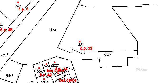 Hrdibořice 33 na parcele st. 53 v KÚ Hrdibořice, Katastrální mapa